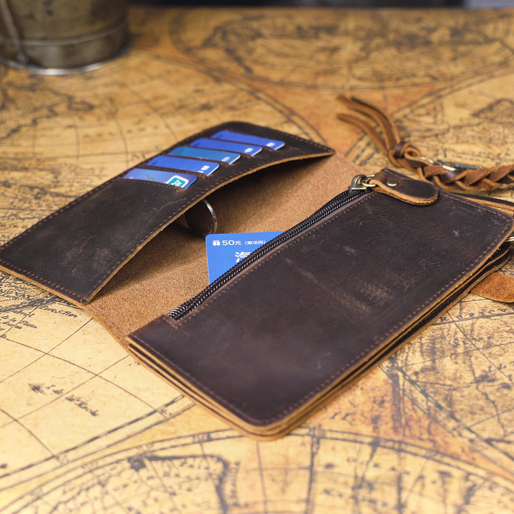The Sentry | Portefeuille long et pochette de rangement en cuir Crazy Horse fait main
