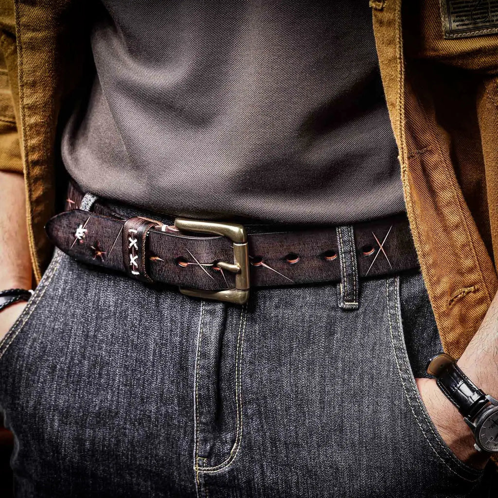 The Brass-Tacks | Ceinture Frontier en Cuir de Vachette Italien Épaissi et Laiton Massif