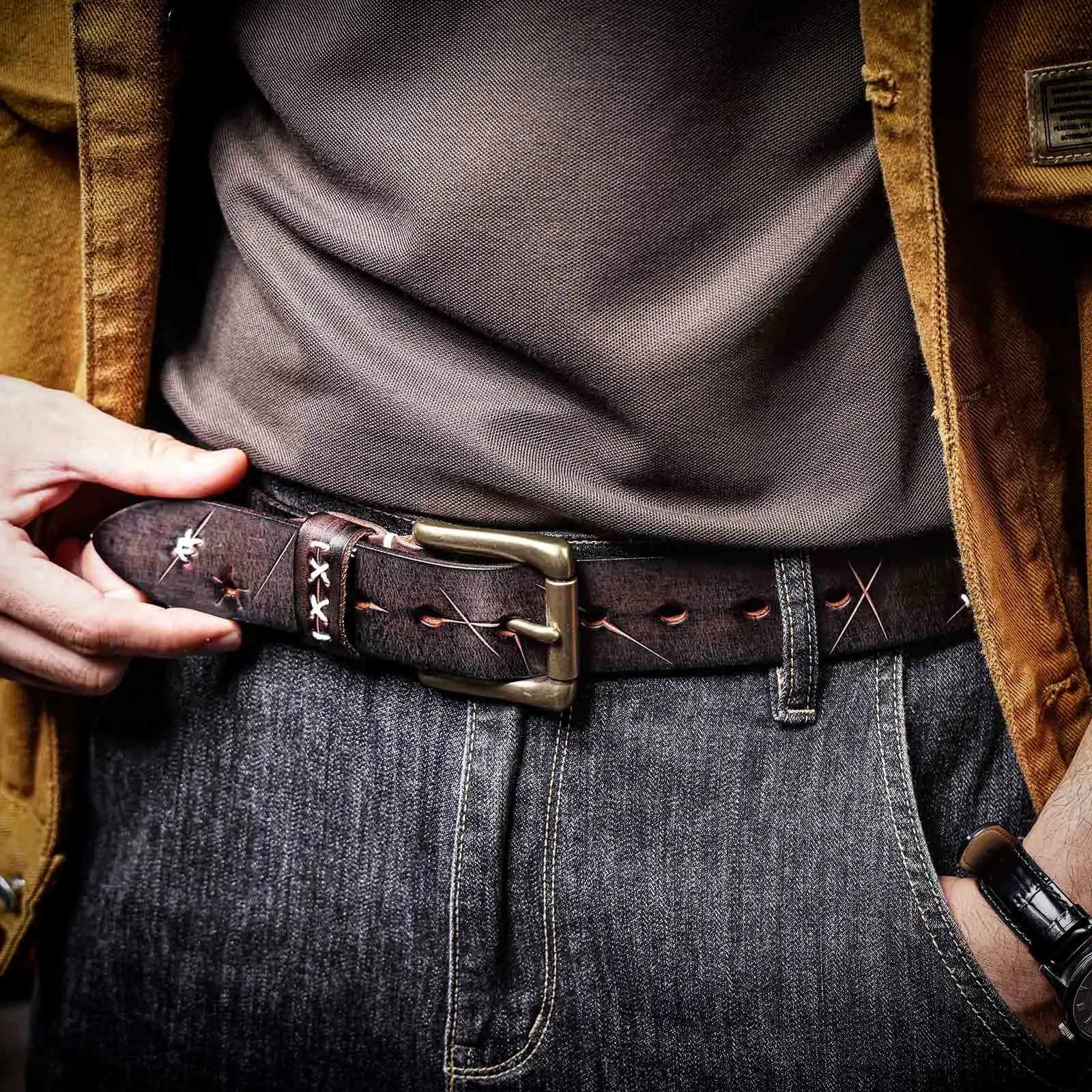 The Brass-Tacks | Ceinture Frontier en Cuir de Vachette Italien Épaissi et Laiton Massif