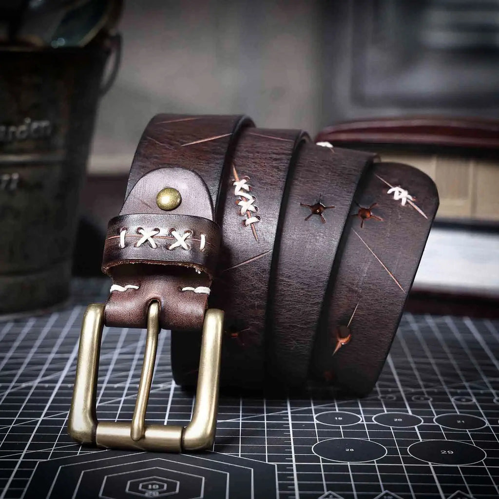 The Brass-Tacks | Ceinture Frontier en Cuir de Vachette Italien Épaissi et Laiton Massif