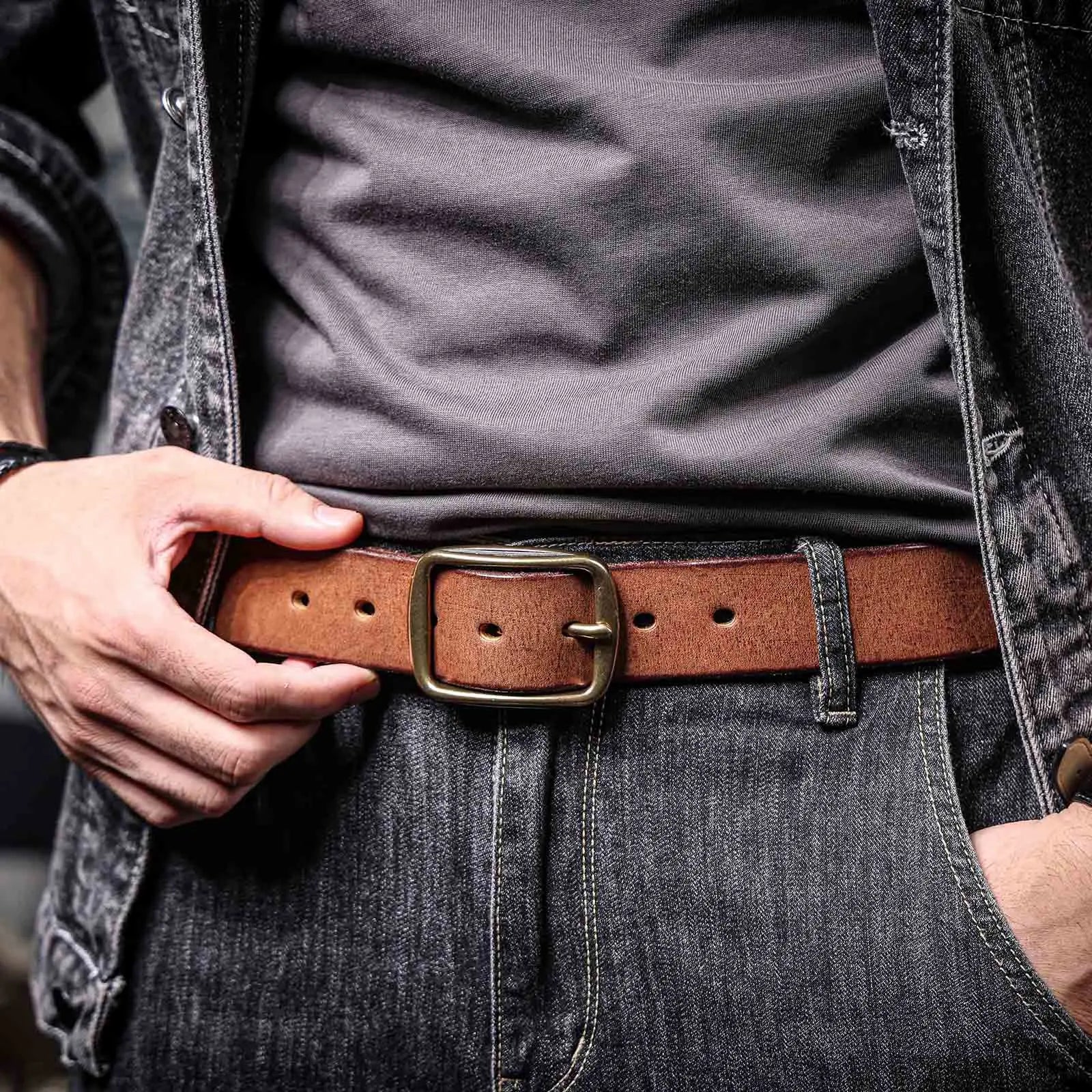 Le Brass-Tack | Ceinture Frontier en cuir de vachette italien épais et en laiton massif, fabriquée à la main